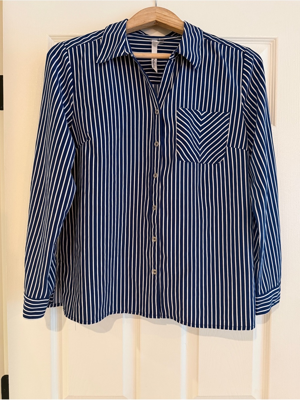 NY Collection PM Petite Medium Blue White Striped Linen Rayon Button Up Shirt